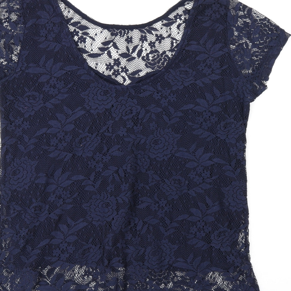 Dorothy Perkins Womens Blue Floral Polyester Basic T-Shirt Size 14 Boat Neck