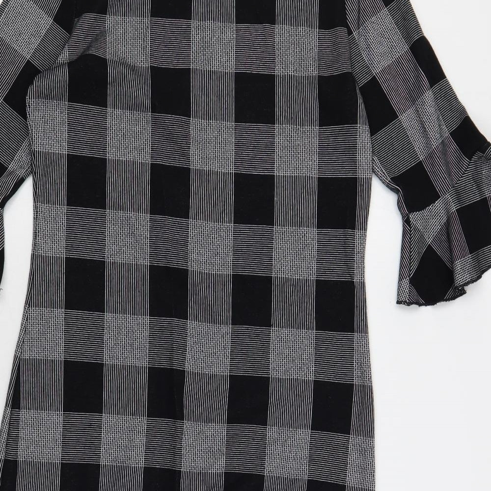 Marks & Spencer Womens Black Check Cotton Shift Size 10 Round Neck Button - Ruffle Sleeves