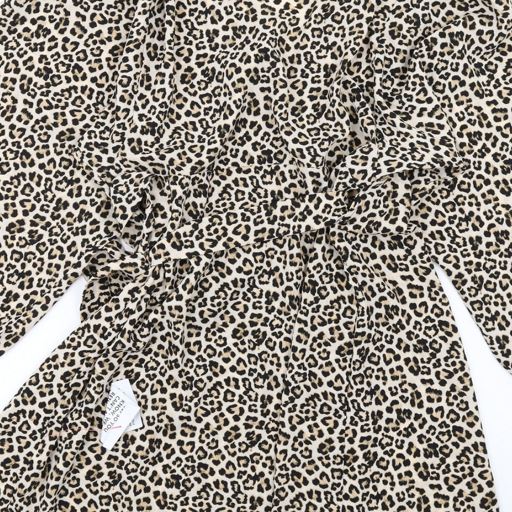 ASOS Womens Brown Animal Print Polyester Wrap Dress Size 16 V-Neck Tie - Leopard Print