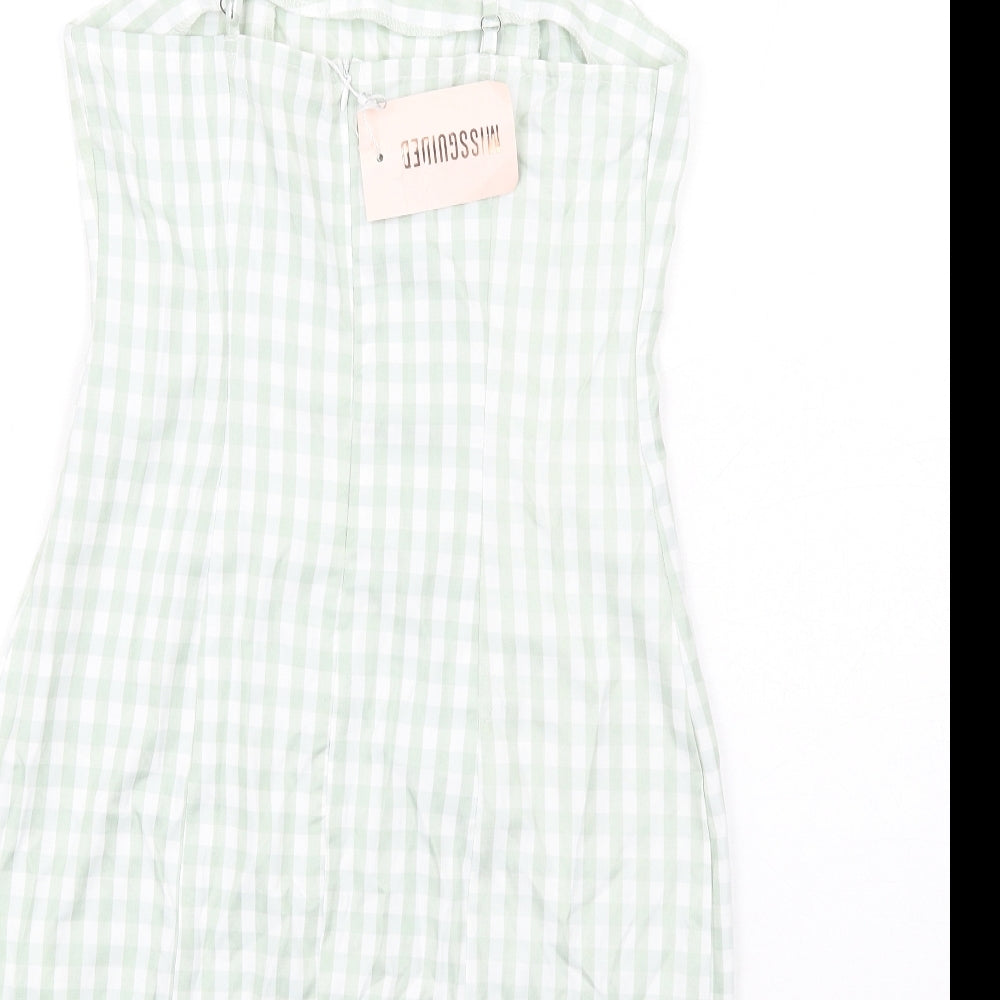 Missguided Womens Green Check Cotton Mini Size 8 Square Neck Zip