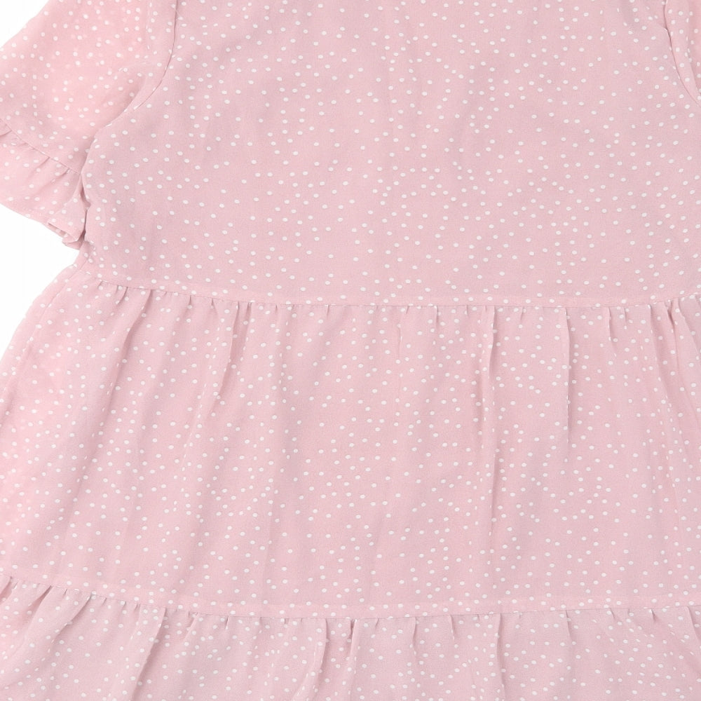 In the Style Womens Pink Polka Dot Polyester A-Line Size 10 V-Neck Button - Pleated, Lined