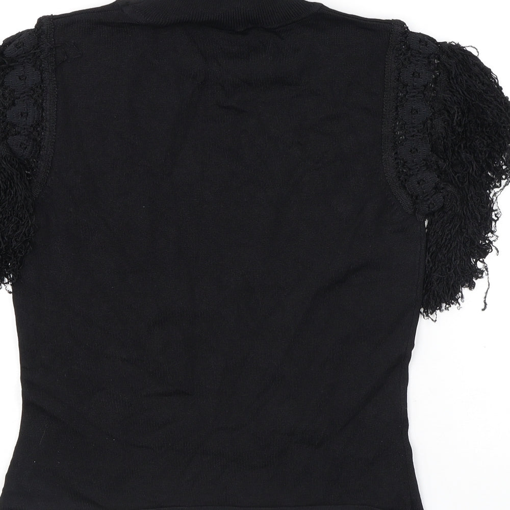 Kiss Womens Black Polyester Basic T-Shirt Size M Mock Neck - Tassles