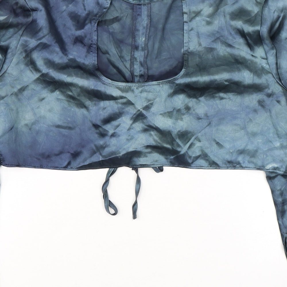 Topshop Womens Blue Polyester Cropped Blouse Size 12 Mock Neck - Ruched Detail