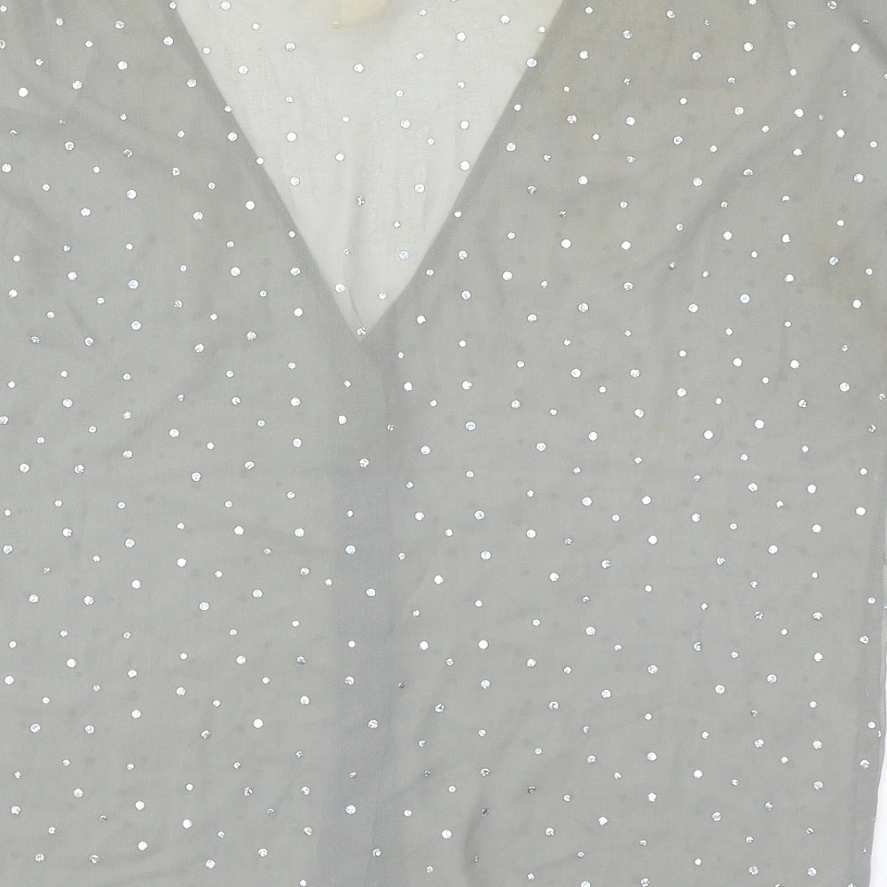 Monki Womens Grey Polka Dot Polyester Basic Button-Up Size S V-Neck - Diamanté Sheer