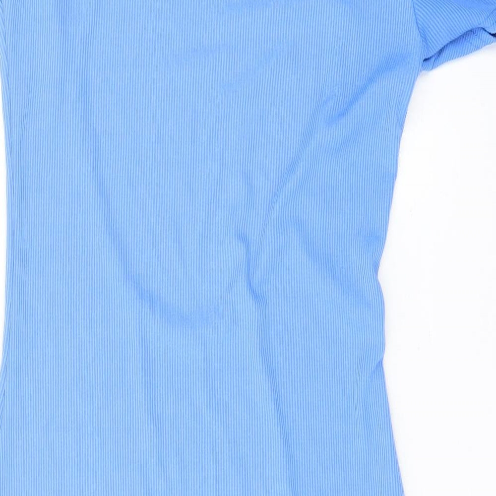 Brand and care label for Missguided women’s blue polyester mini, size UK 10, scoop neck pullover