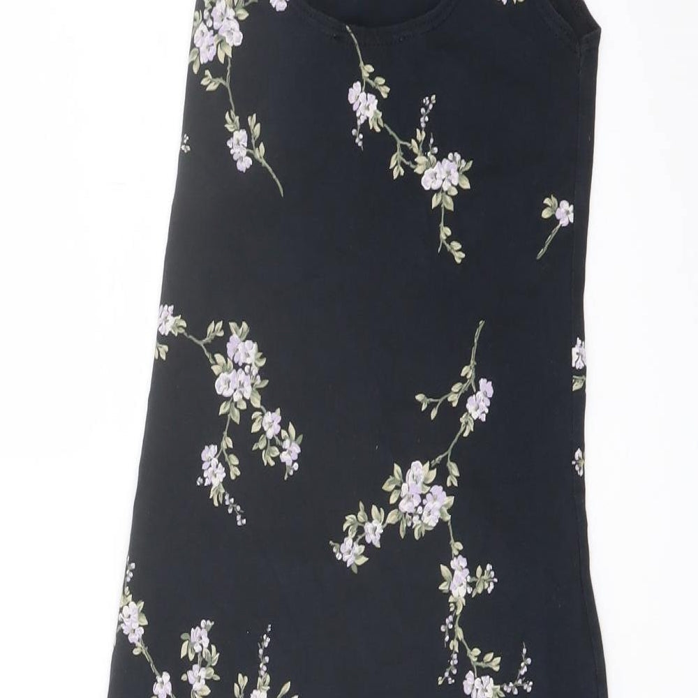 Brand and care label for Miss Selfridge women’s blue floral cotton mini, size UK 6, round neck pullover