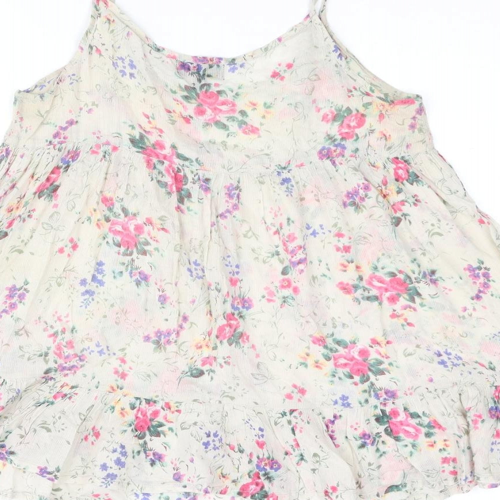 Topshop Womens Beige Floral Cotton Camisole Blouse Size 8 Scoop Neck - Smocked