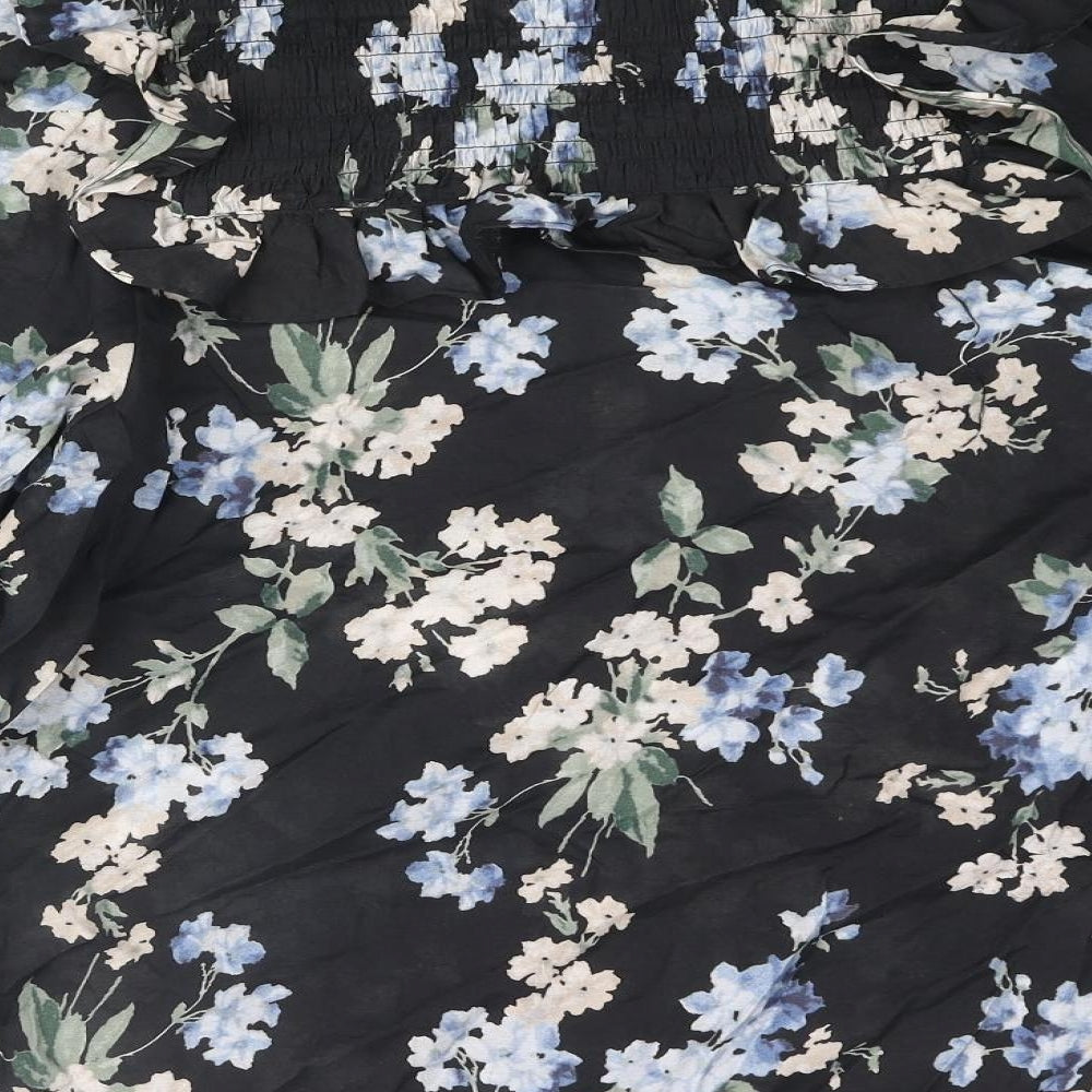 H&M Womens Black Floral Viscose Basic Blouse Size XS V-Neck - Rouched Frill