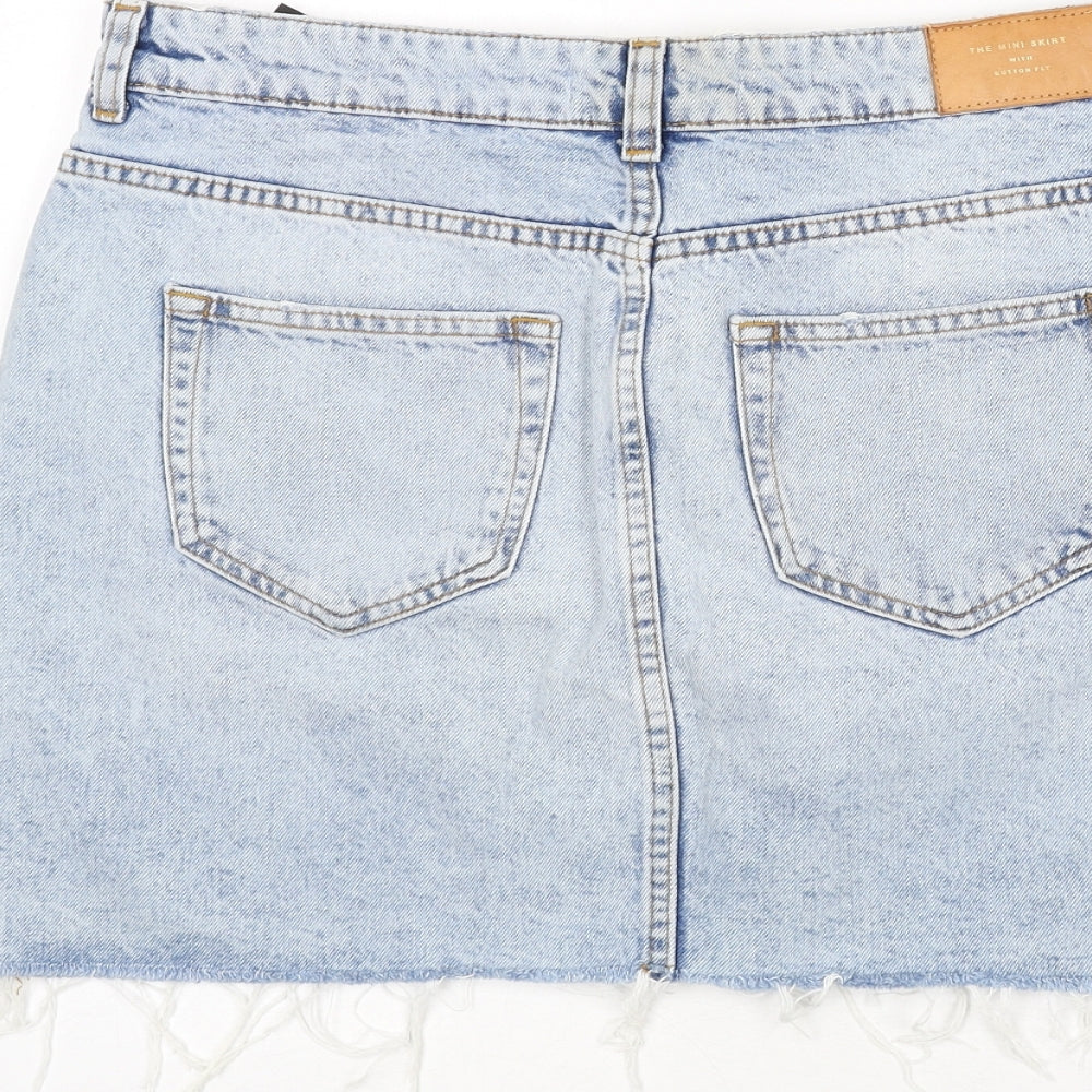 Zara Womens Blue Cotton A-Line Skirt Size L Buckle - Distressed Hems