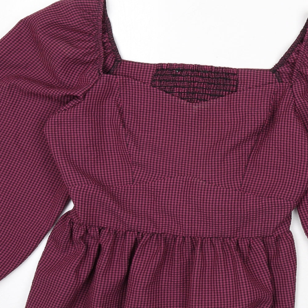 New Look Womens Purple Plaid Polyester Basic Blouse Size 12 Square Neck - Shirred Bust, Balloon Sleeves