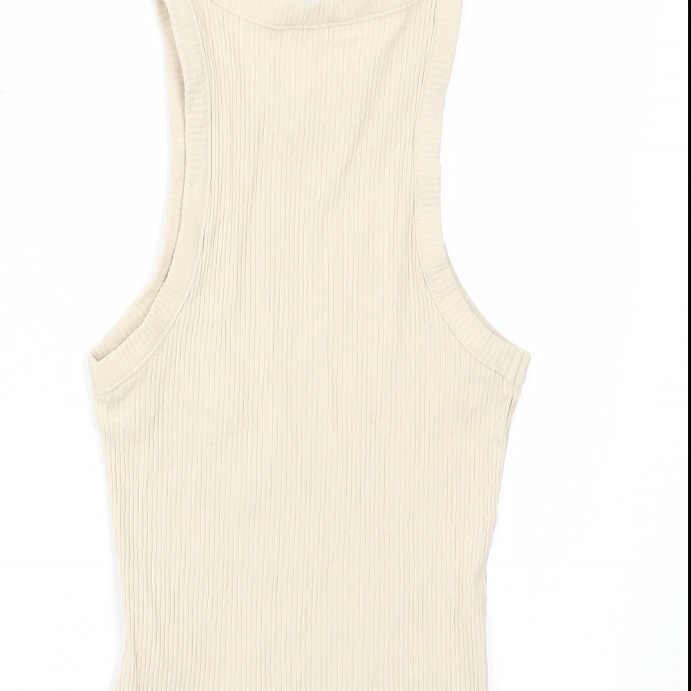 Monki Womens Beige Cotton Basic Tank Size S Crew Neck - Stretch