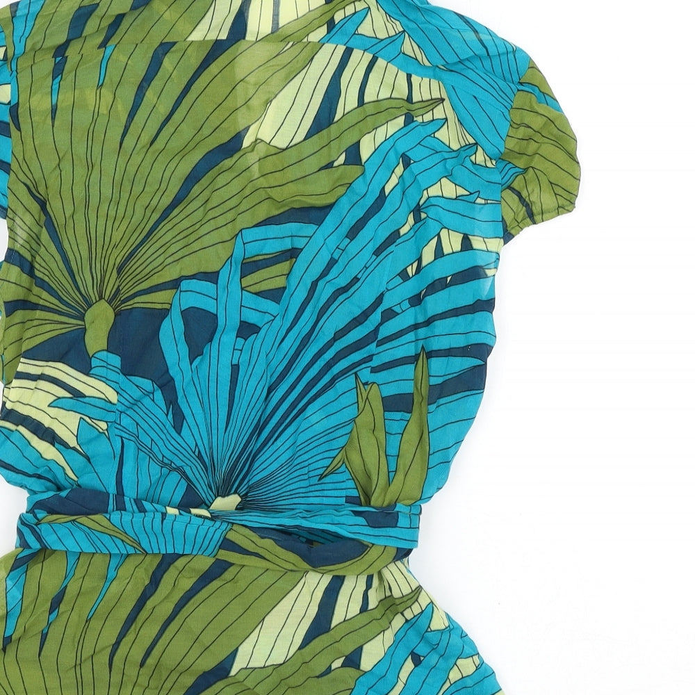 Marks & Spencer Womens Blue Geometric Viscose Wrap T-Shirt Size 12 Collared - Leaf print