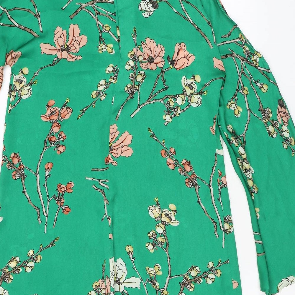 Zara Womens Green Floral Polyester A-Line Size XS Boat Neck Pullover - Cold Shoulder