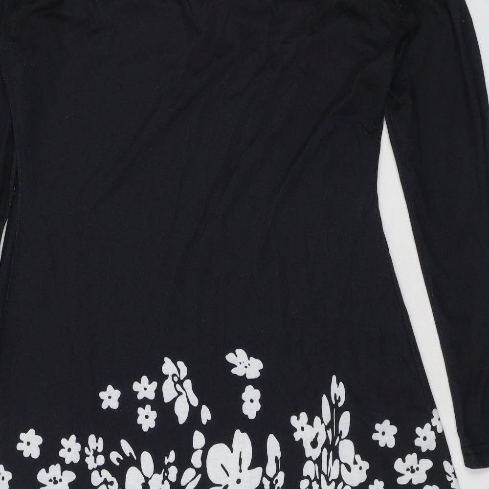 Sheilay Womens Black Floral Polyester A-Line Size S V-Neck Pullover