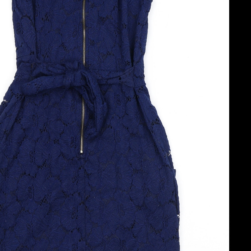 Vouley Vous Womens Blue Floral Nylon Mini Size L Round Neck Zip - Lace