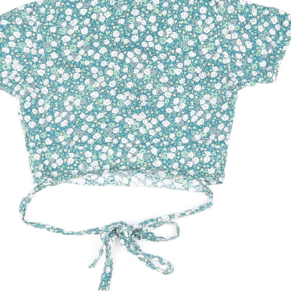 Motel Rocks Womens Green Floral Cotton Cropped T-Shirt Size S V-Neck