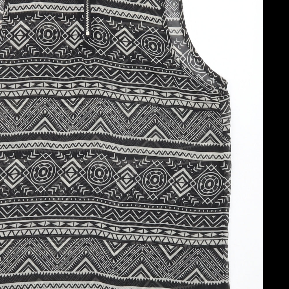 New Look Womens Black Geometric Polyester Basic Tank Size 10 Round Neck - Sheer