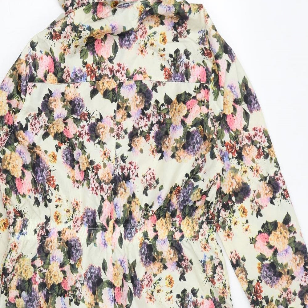Brave Soul Womens Ivory Floral Rain Coat Coat Size 12 Zip - Hooded