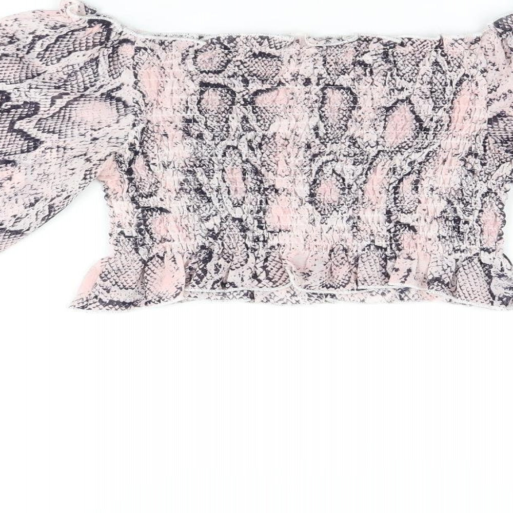 Jeuvre Womens Pink Animal Print Polyester Cropped Blouse Size 10 Off the Shoulder - Snake Print, Shirred