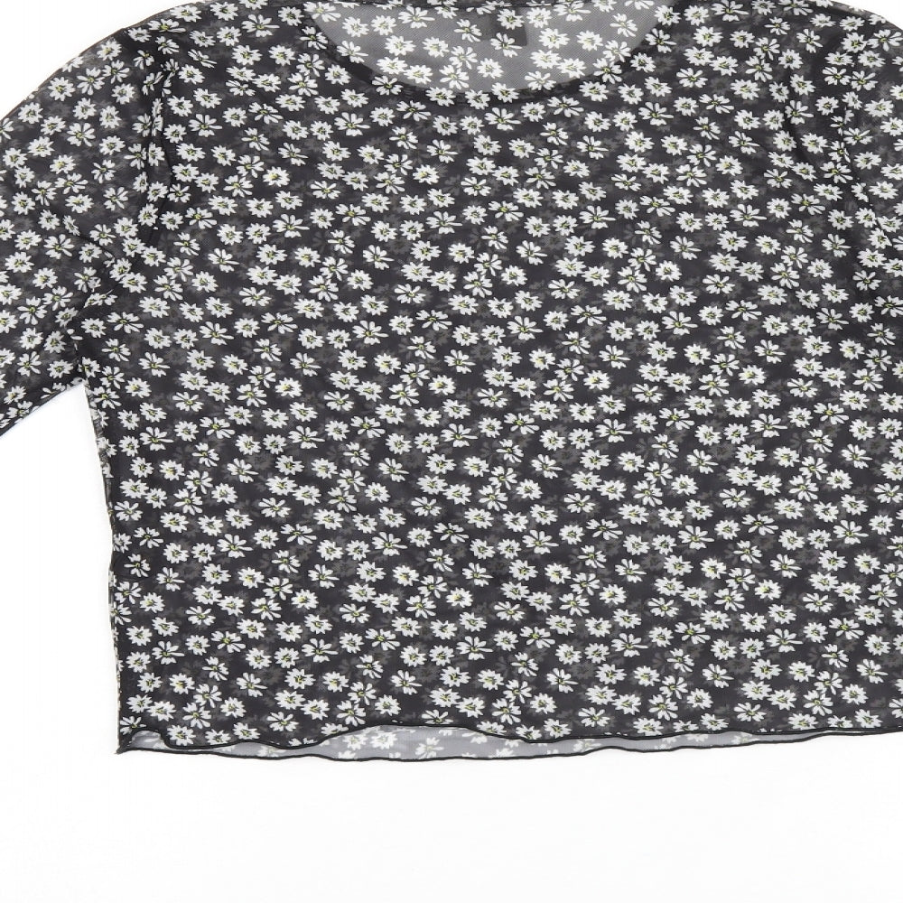 ASOS Womens Black Floral Polyester Basic T-Shirt Size 10 Round Neck - Daisy Print Sheer