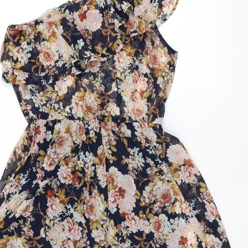 Stradivarius Womens Black Floral Polyester A-Line Size 10 One Shoulder Pullover - Ruffles