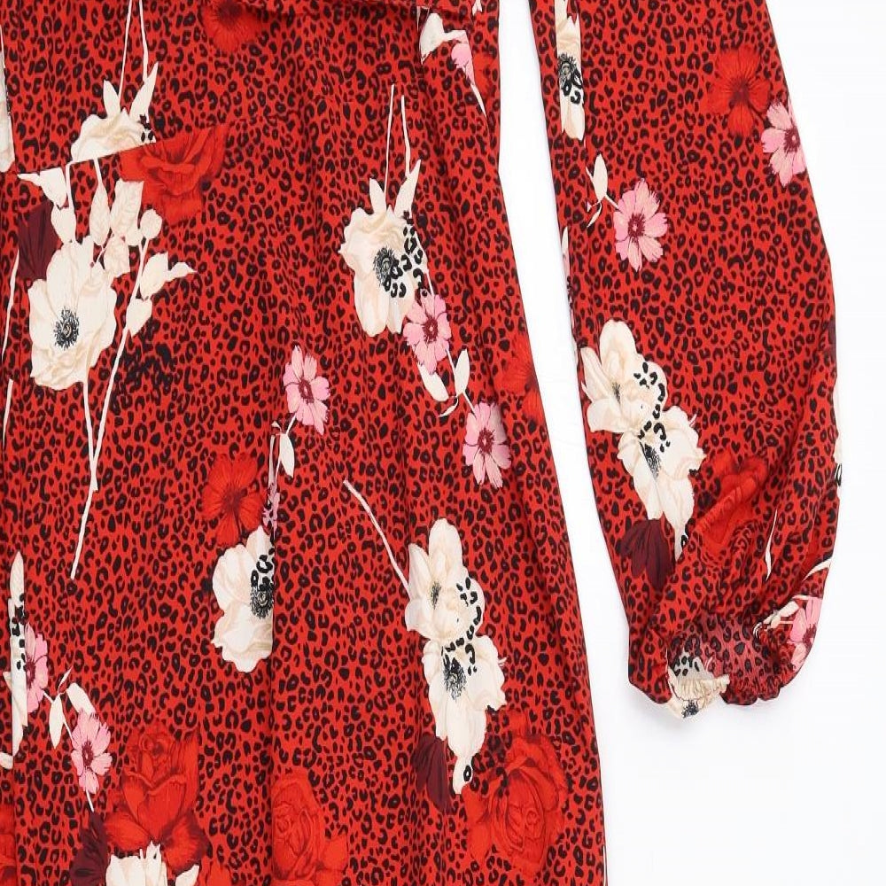 Wallis Womens Red Geometric Polyester Wrap Dress Size 8 V-Neck Tie - Leopard Print Flowers