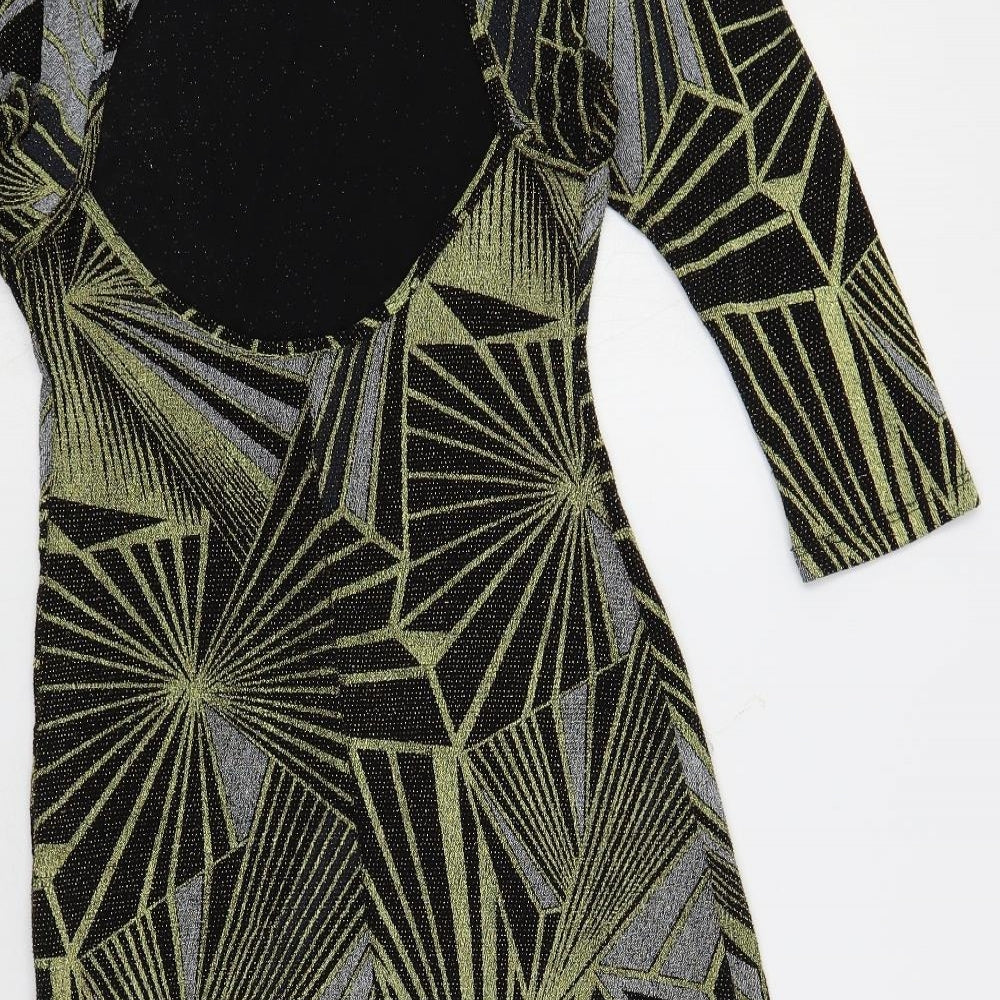 Topshop Womens Black Geometric Polyamide Mini Size 10 Boat Neck Pullover - Cut Out Detail