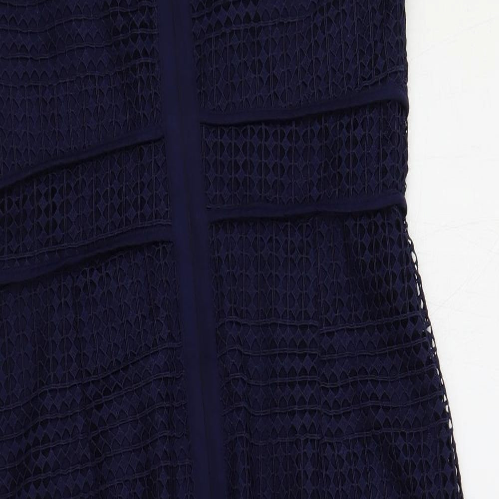 Marks & Spencer Womens Blue Polyester Pencil Dress Size 12 Round Neck Zip - Crochet Overlay