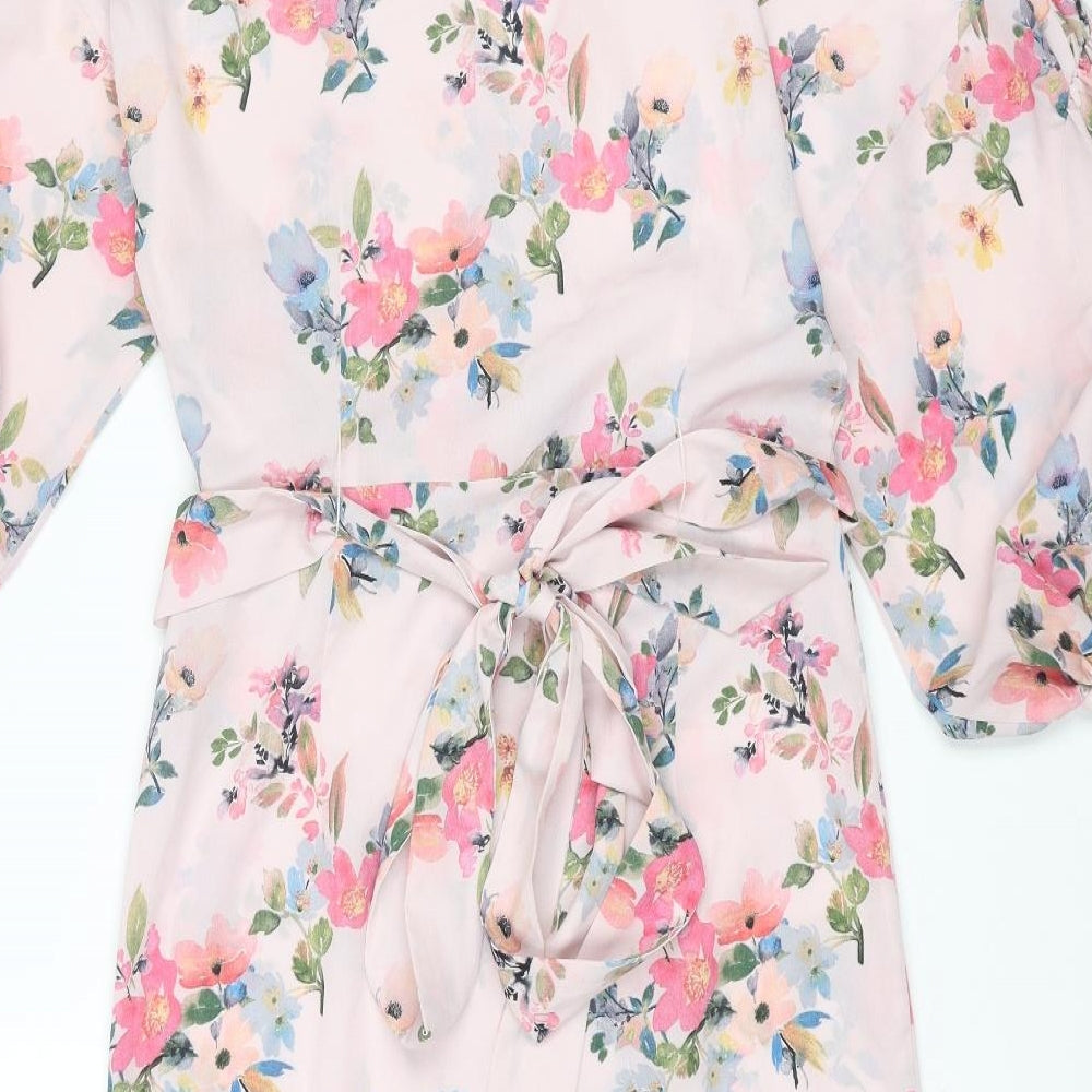 Mango Womens Pink Floral Polyester Wrap Dress Size M V-Neck Tie