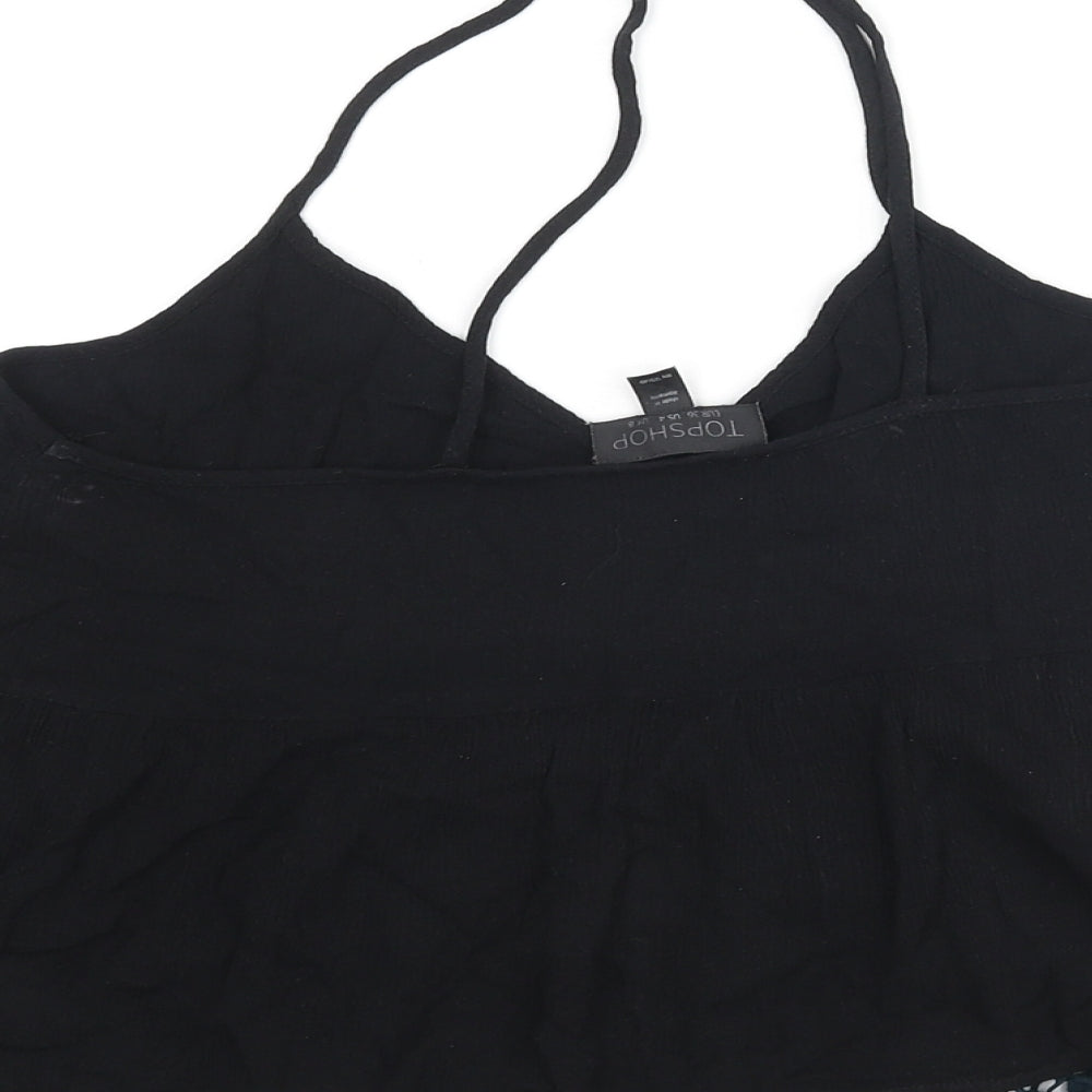 Topshop Womens Black Viscose Cropped Blouse Size 8 V-Neck - Pom Pom Trim