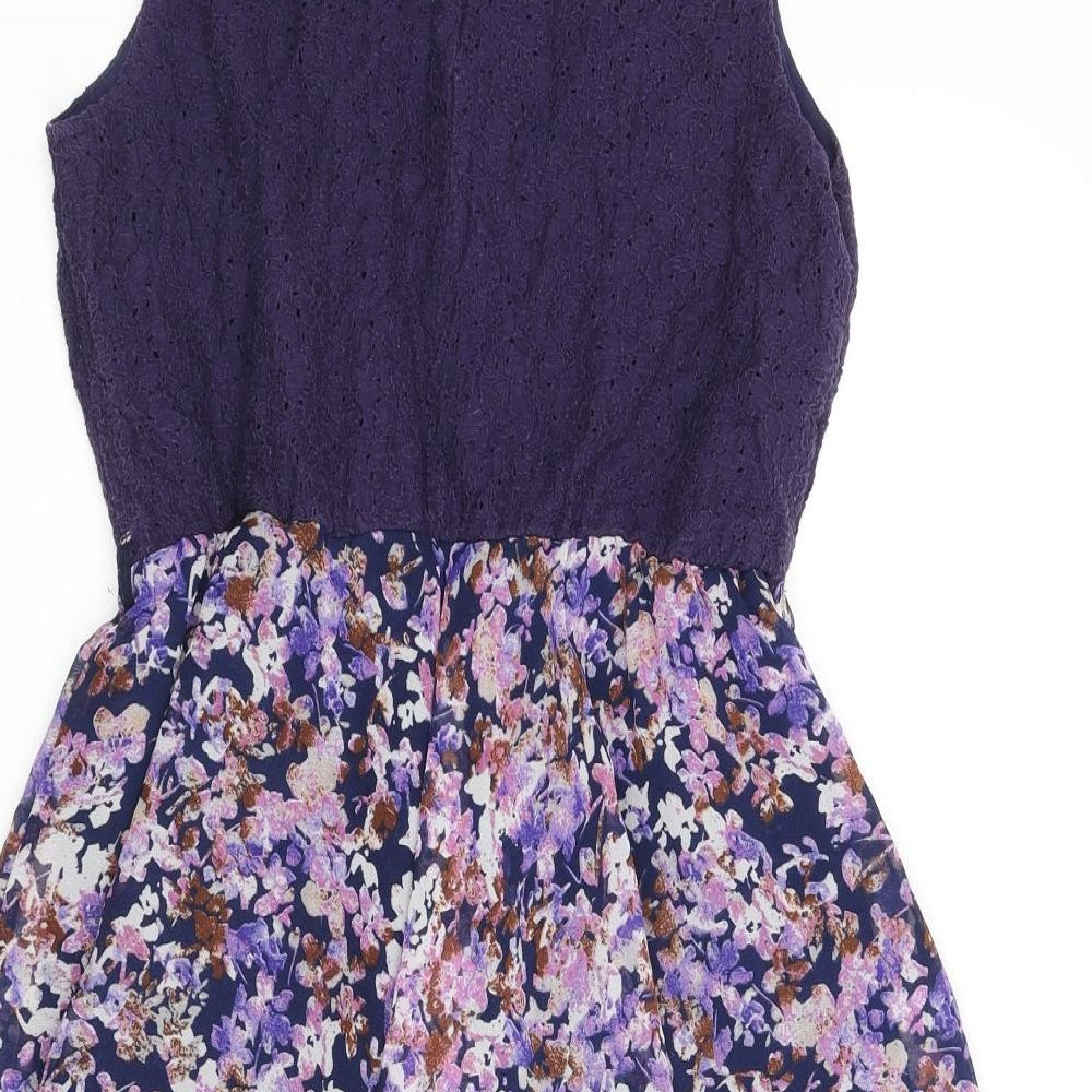 New Look Womens Purple Polyester A-Line Size 8 Round Neck Button - Floral Skirt