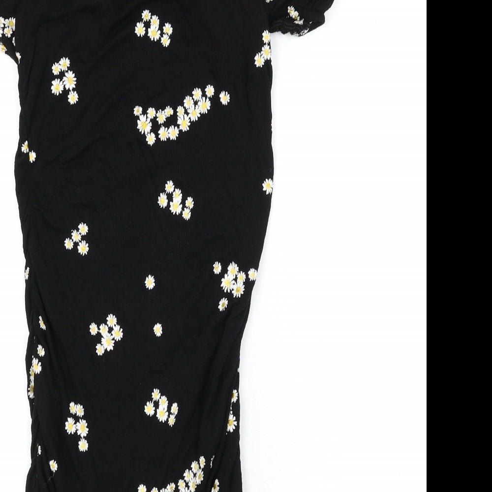 ASOS Womens Black Floral Viscose Bodycon Size 12 Off the Shoulder Button - Floral Embroidery, Ruched, Milk Maid