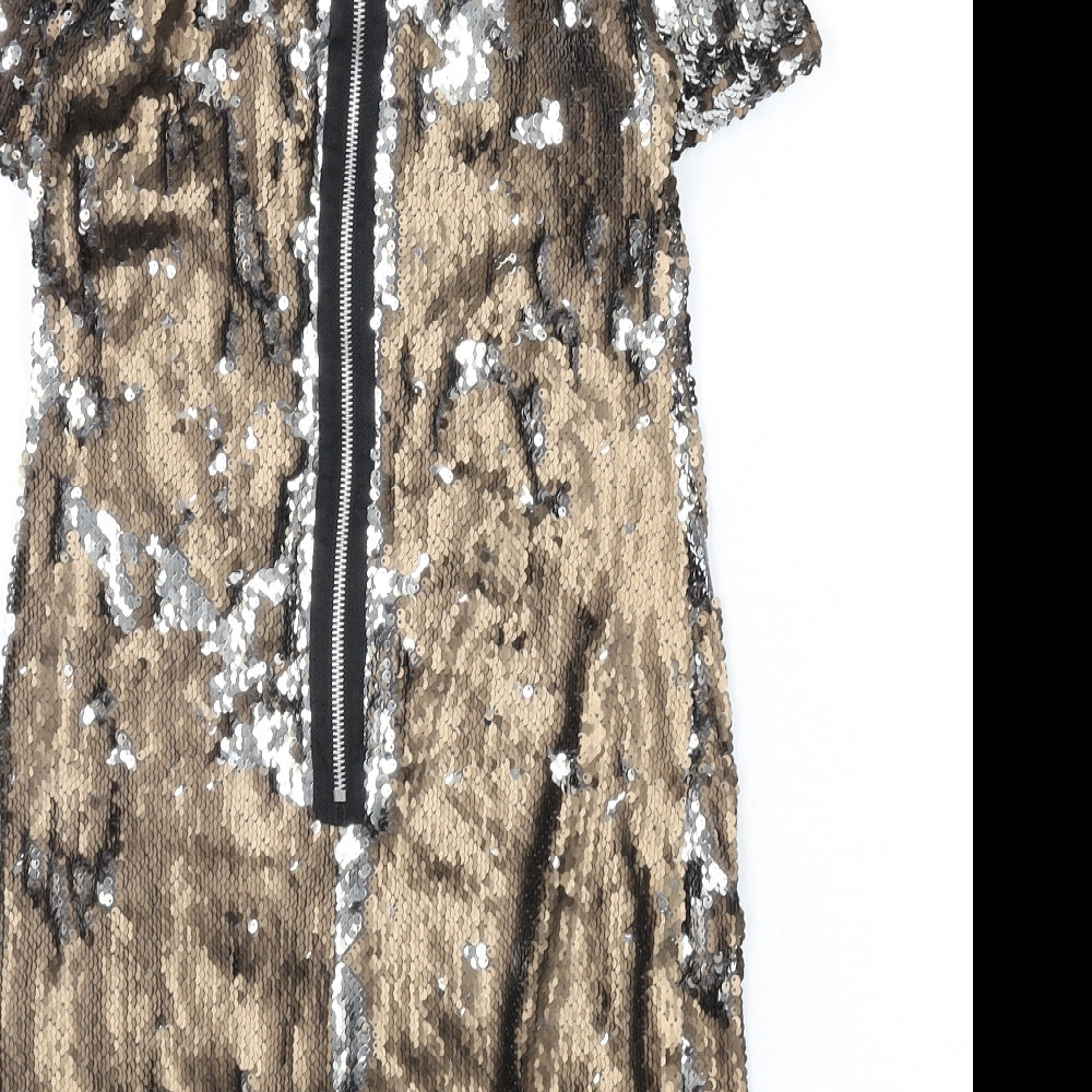 Topshop Womens Gold Polyester Pencil Dress Size 8 Round Neck Zip - Reversible Sequins