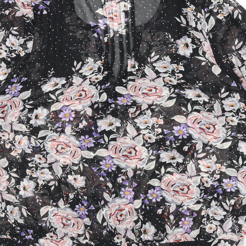 Pins & Needles Womens Black Floral Polyester Basic Button-Up Size S V-Neck