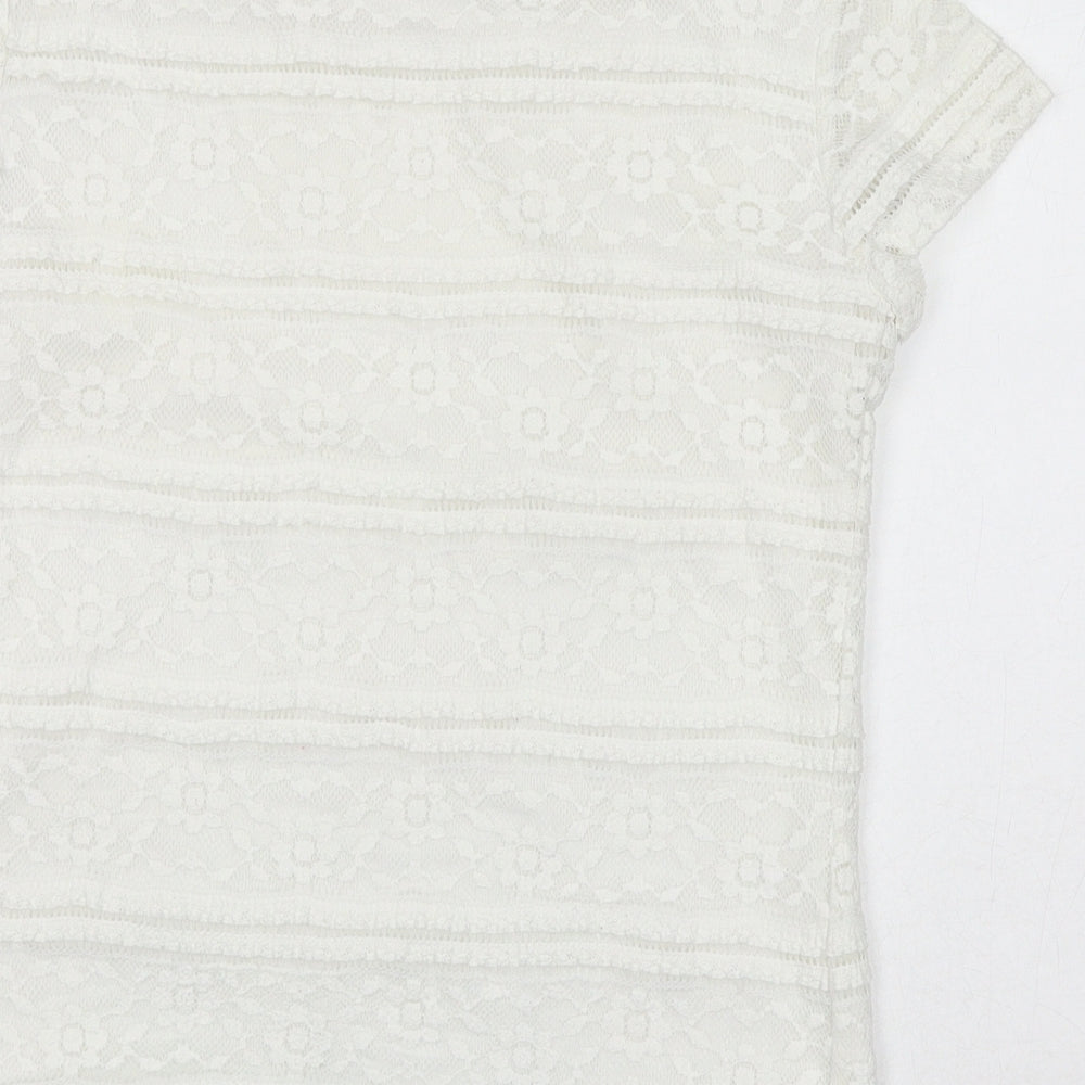 Premise Womens White Polyester Basic T-Shirt Size XS Round Neck - Lace