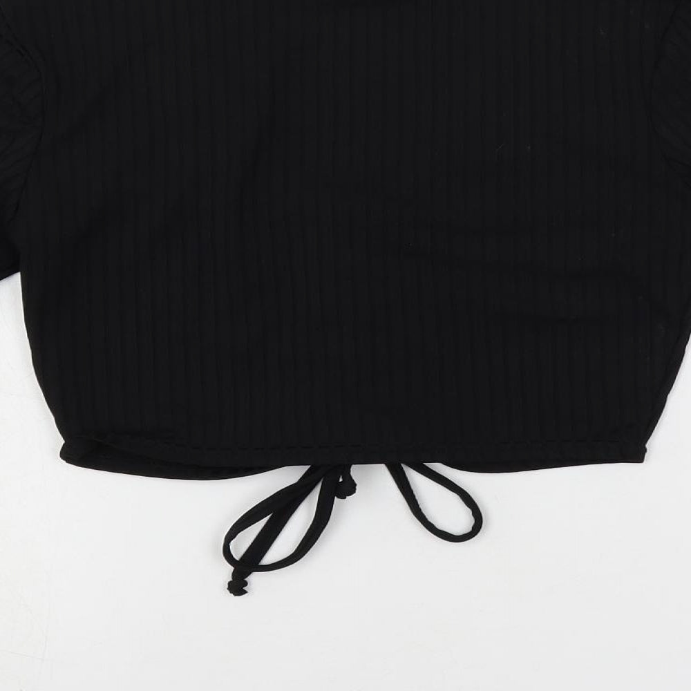 Stylewise Womens Black Polyester Cropped T-Shirt Size S V-Neck - Ribbed