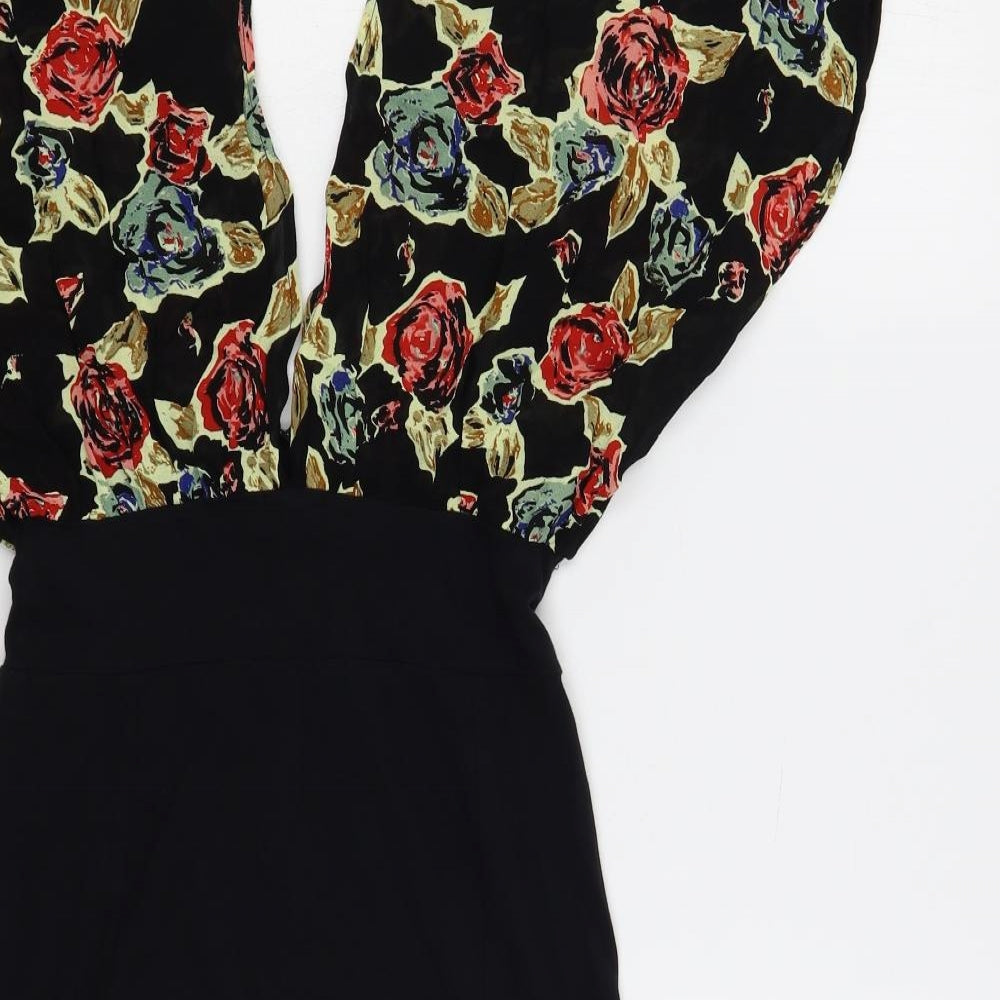 Motel Womens Black Floral Cotton Bodycon Size S V-Neck Pullover