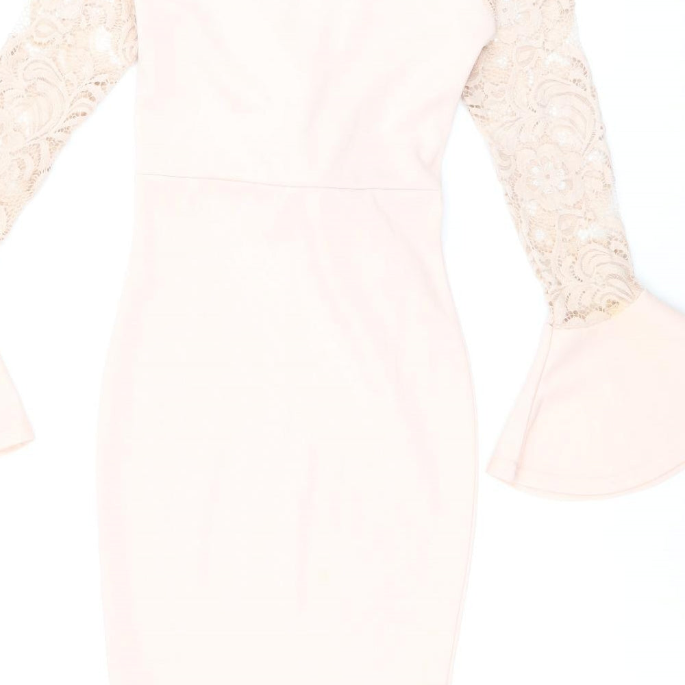 Edge Street Womens Pink Polyester Bodycon Size 8 V-Neck Pullover - Lace Sleeves