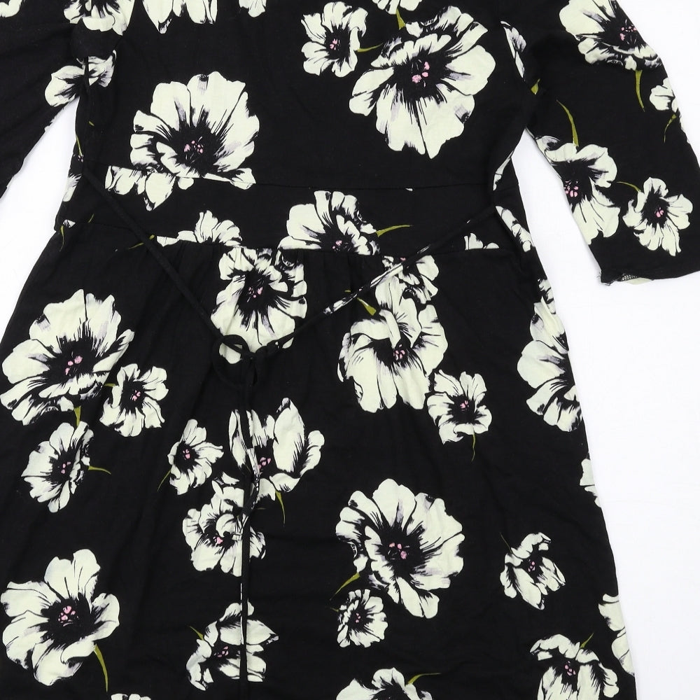 Wallis Womens Black Floral Viscose A-Line Size 14 V-Neck Pullover