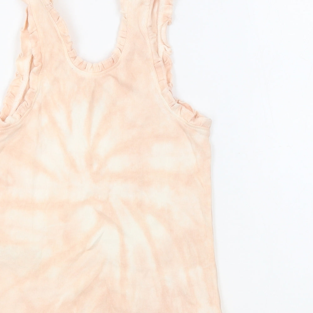 Marks & Spencer Girls Pink Geometric Cotton Basic Tank Size 8-9 Years Round Neck Pullover - Tie Dye Ruffles