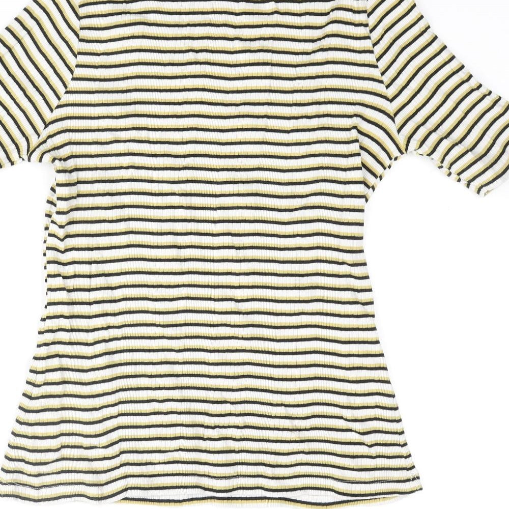 Marks & Spencer Womens Multicoloured Striped Cotton Basic T-Shirt Size 12 Mock Neck