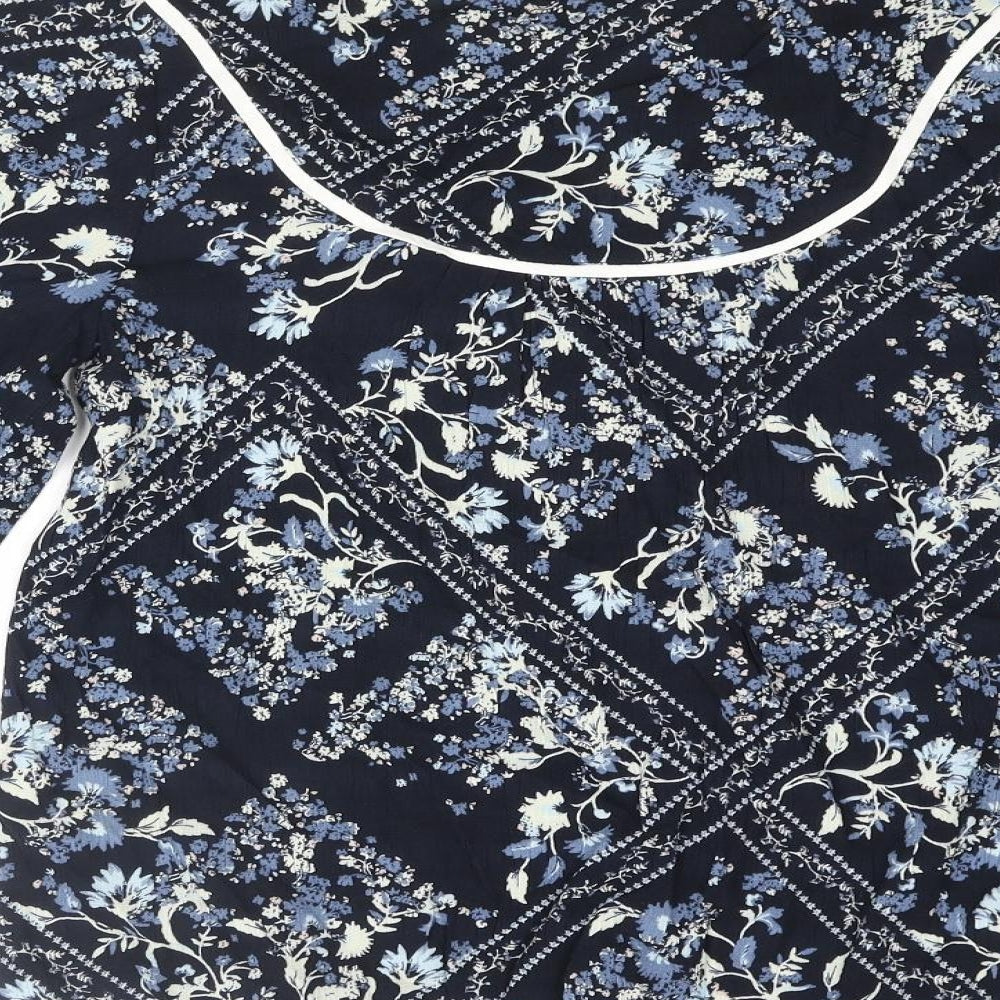 Marks & Spencer Womens Blue Floral Viscose Basic Blouse Size 6 Round Neck - Keyhole Neck