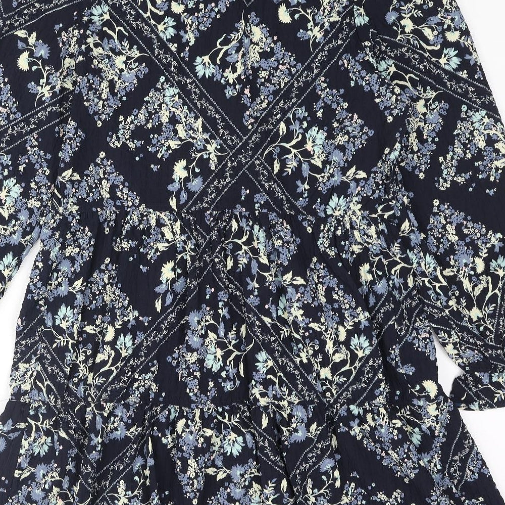 Marks & Spencer Womens Blue Geometric Polyester Shift Size 10 Round Neck Button - Smocked