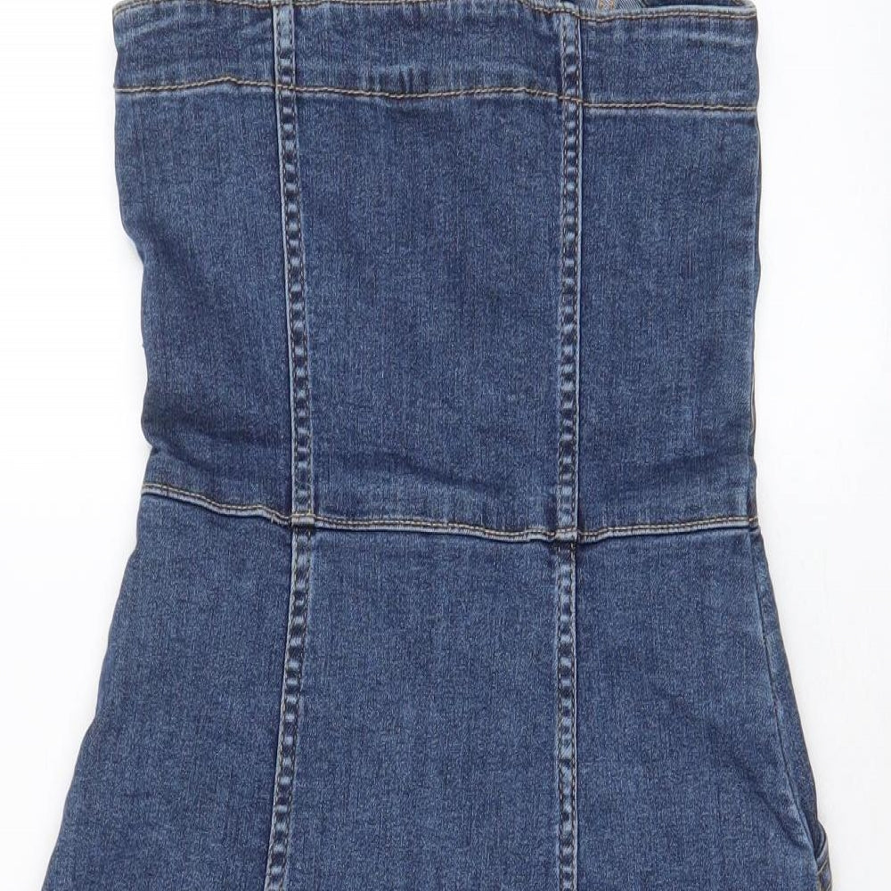H&M Womens Blue Cotton Sheath Size 6 Square Neck Button - Pockets