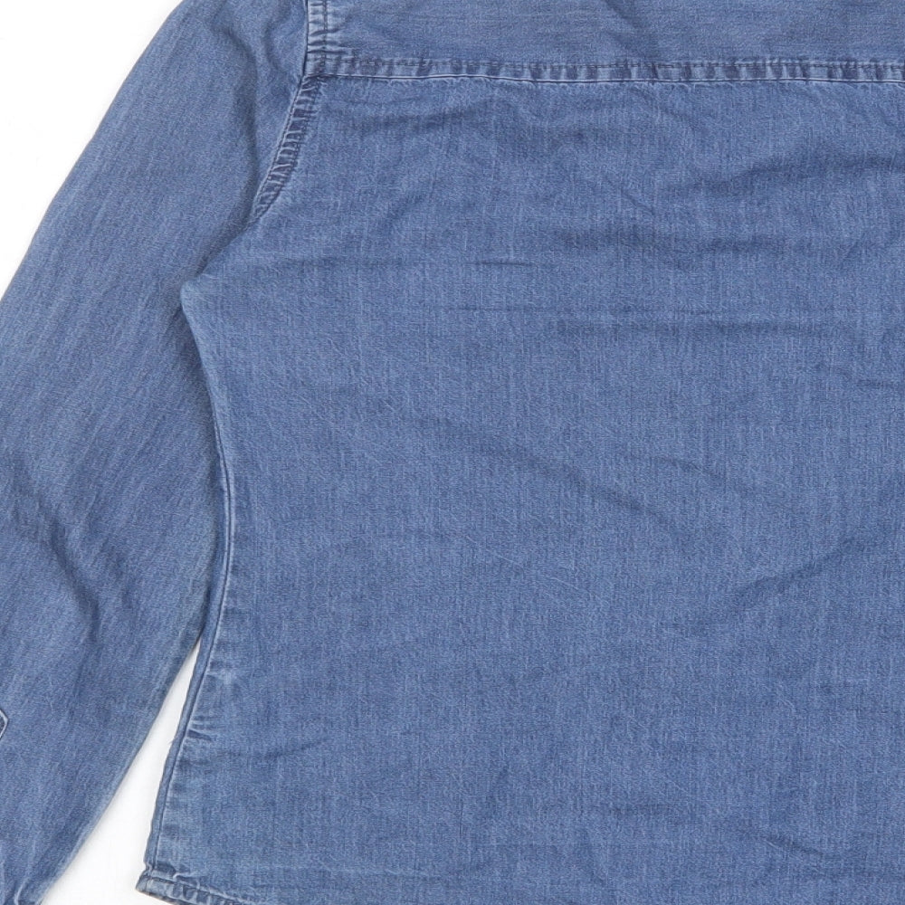 Brand and care label for Denim & Co. women’s blue cotton basic button-up, size UK 8, collared
