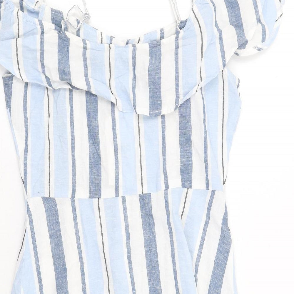 Lipsy Womens Blue Striped Cotton A-Line Size 8 Off the Shoulder Button