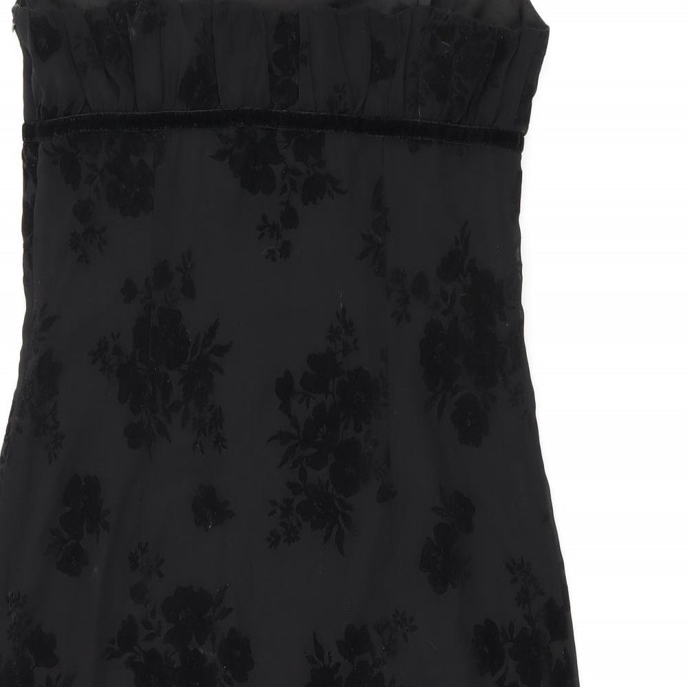 Polly Womens Black Floral Polyester Mini Size 12 Square Neck Zip