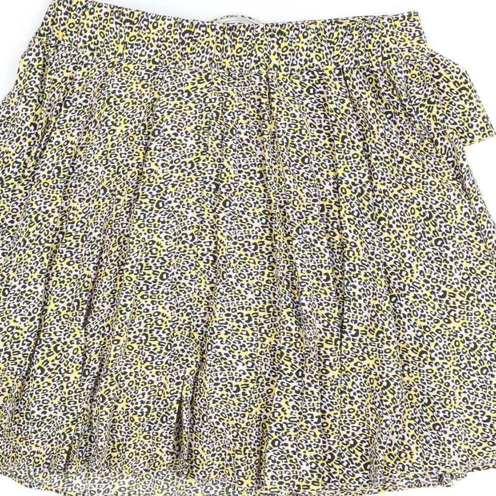 Topshop Womens Yellow Animal Print Polyester Skater Skirt Size 8 Buckle - Leopard Print, Belted