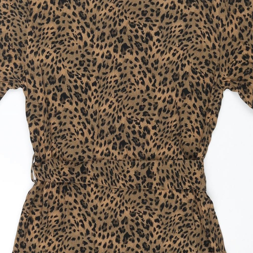 Topshop Womens Brown Animal Print Viscose Shirt Dress Size 4 Collared Button - Belted Leopard Print