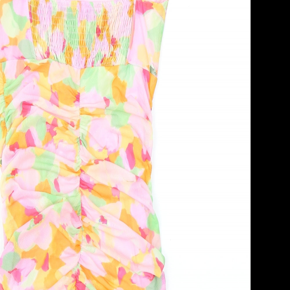 Stradivarius Womens Multicoloured Geometric Polyester Bodycon Size L Square Neck - Ruching, Boning